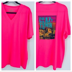 Crazy Train Pink Neon Tee Yosemite Cactus Landscape V-Neck Short Sleeve Top